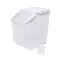 HANAMYA 15 Liter Food Storage Lidded Container with Handle, Wheels, and Measuring Cup for 30 Pounds of Rice, Flour, or Pet Food, Clear (Set of 2)
