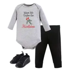 Little Treasure Baby Boy Cotton Bodysuit, Pant and Shoe 3pc Set, Mistletoe