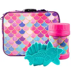 Bentology Kids Lunch Bag Set (Mermaids) w Reusable Hard Ice Pack and Double-Insulated Food Jar - Perfect Lunchbox Kits for Girls Back to School