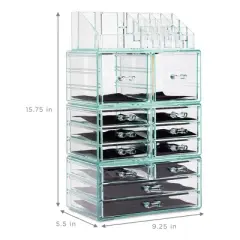 Sorbus X-Large Clear Teal Makeup Organizer Case - 4 Piece Set (12 Drawers)