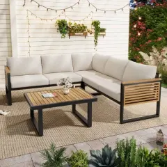 4 PCS Outdoor Sofa Set, Industrial Style Sofa Set with Table, Acacia Wood Sofa with Metal Frame and Polyester Cushion-Coolbibila