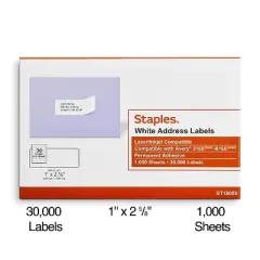 Staples Laser/Inkjet Address Labels 1"H x 2 5/8"W White 30 Labels/Sheet 573946