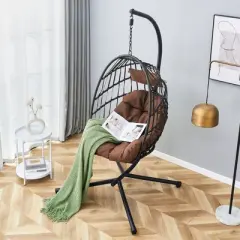 FURNIinspire Patio Swings Hanging Chair With Wicker Weave, Single Person Swing With Brown Seat Cushion For Indoor And Outdoor, Black, 37&ldquo;*37"*79"
