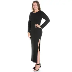 Long Sleeve Side Slit Fitted Black Maxi Plus Size Dress