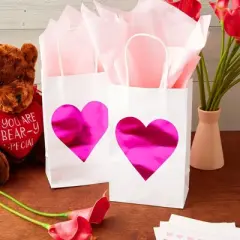Blue Panda 24 Pack White Valentines Day Gift Bags with Handles for Galentines with Pink Heart, Goodie Treat Bags, 8.6 x 5.2 x 3.1 in