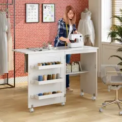 Costway White Folding Sewing Craft Table with Storage Shelves Cabinet Lockable Wheels