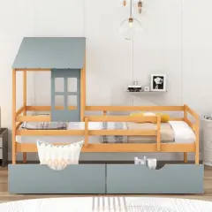 Twin Size House Low Loft Bed with Two Storage Drawers - ModernLuxe