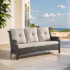 POCASSY 74" Wide Outdoor Wicker Patio Sofa with Cushions, All Weather Wicker Furniture Sofa 3 Seater Couch for Porch, Deck, Balcony