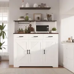 Buffet Cabinet with Storage, Large Wood Coffee Bar Cabinet with Drawers, Doors and Shelves, Farmhouse Kitchen Sideboard Table for Home