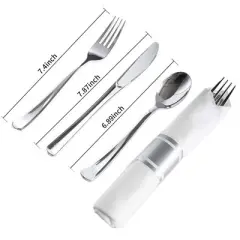 Itopfox 50 Pack Pre Rolled Silver Plastic Cutlery Set with Forks, Knives, Spoons & Napkins, Disposable for Party, Wedding & Events
