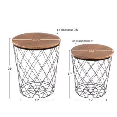 End Table with Storage &ndash; Set of 2 Round Nesting Tables with Diamond Pattern Wire Basket Wood Tops, Industrial Farmhouse Side Table by Lavish Home
