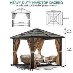 Hardtop Gazebo, Outdoor Polycarbonate Roof Canopy, Heavy Duty Hardtop Pavilion with Netting and Curtains