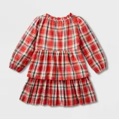 Toddler Girls' Adaptive Abdominal Access Long Sleeve Plaid Tiered Woven Dress - Cat & Jack&trade; Red
