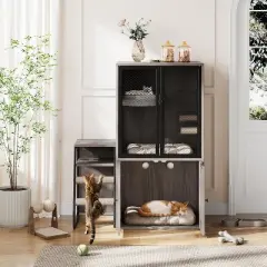 Cat Litter Box Enclosure Furniture with Hammock and Scratching Posts,Wooden Double Hidden Litter Box with Ladder Rack
