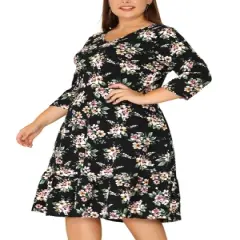 Agnes Orinda Women's Plus Size V Neck Ruffle Hem 3/4 Sleeve Elegant Floral Dresses