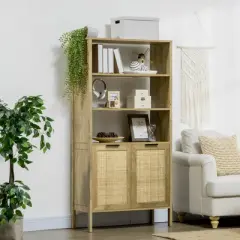 HOMCOM Bookshelf, Storage Cabinet with 3 Open Shelves and Natural Rattan Decor, Bookcase for Living Room, Study, Bedroom
