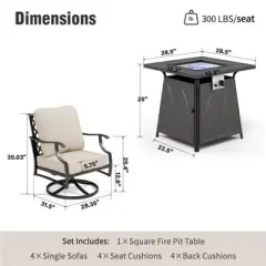 Captiva Designs 5pc Metal Patio Outdoor Conversation Fire Pit Set with Swivel Grid-back Armchairs for Garden, Poolside, Backyard