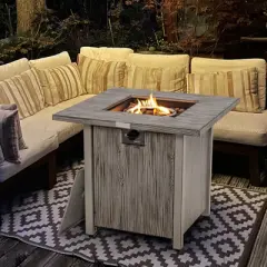Tangkula 28" Propane Fire Pit Table 40,000 BTU Outdoor Propane Gas Fire Table with Wood-like Tabletop Lid and Lava Rocks with PVC Cover