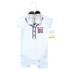 Hudson Baby Infant Boy Cotton Bodysuit, Pant and Shoe Set, Lt Blue Baseball