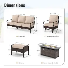 Captiva Designs 6pc Extra Large Metal and Rattan Outdoor Patio Fire Pit Set with Rocking Armchairs and Ottomans