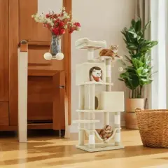 61-Inch Cat Tree Cat Tower for Indoor Cats - Plush Multi-Level Cat Condo with 5 Scratching Posts, 2 Perches, 2 Caves, Hammock, 2 Pompoms