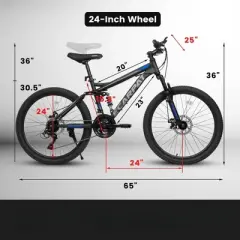DSVIMOY Bicycles, 24 Inch Mountain Bike with Adjustable Seat, Commute Bicycle for Men and Women, Black, 65"*25"*36"