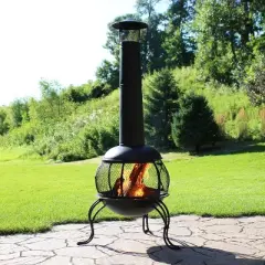 Sunnydaze Outdoor Backyard Patio Steel Wood-Burning Fire Pit Chiminea with Rain Cap and Mesh Sides - 66" - Black