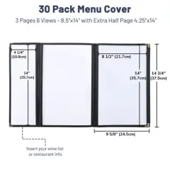 WeChef 30 Pcs Menu Covers 8.5x14" 3 Page 6 View & 4.25x14" Half Page Wine List