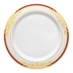 Smarty Had A Party 7.5" White w/ Burgundy and Gold Harmony Rim Plastic Salad Plates - 120 pcs