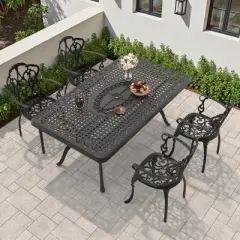 (5-PC)Premium Black Cast Aluminum Patio Set - Weather-Resistant Outdoor Table & Chairs with Beige Cushions, Umbrella Hole Included