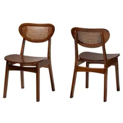 Baxton Studio 2pc Hesper Wood and Rattan Dining Chair Set Walnut Brown/Light Brown: Mid-Century, Crescent Backrest, Angled Legs