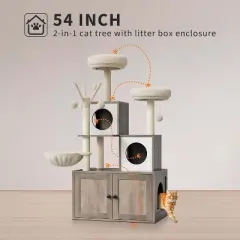 Modern 2-in-1 Cat Tree & Hidden Litter Box Enclosure &ndash; Wooden Tower with Condo, Hammock, Scratching Post, Plush Perch & Removable Pompoms