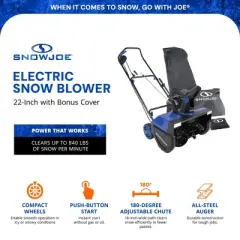Snow Joe Electric Snow Blower, 22", 15-Amp, 84 Pounds Per Minute Capacity, Dual LED Lights, Adjustable Chute, Lightweight, Cover Included, SJ627E-CVR