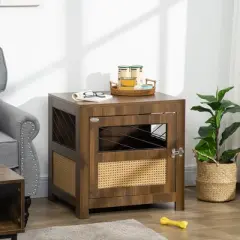 PawHut Dog Crate Furniture with Soft Cushion, Dog Crate End Table with Rattan Decoration, Dog Kennel Furniture Indoors, Walnut