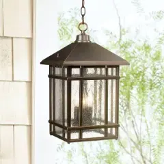 Kathy Ireland Art Deco Outdoor Hanging Light Rubbed Bronze 16 1/2 Seeded Glass Panels Damp Rated for Exterior House Porch Outside
