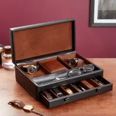 Juvale Faux Leather Dresser, Organizer & Valet Tray for Watches and Jewelry, Black, 12.6 x 9 x 4 in