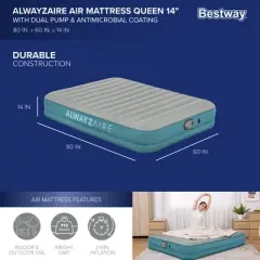 Bestway AlwayzAire 14" Inflatable Air Mattress 2 Person Queen-Sized Indoor Bed with Rechargeable USB Electric Built-In Pump, Gray