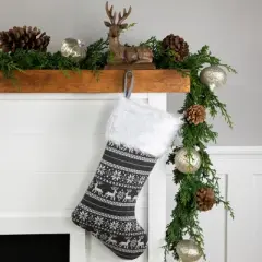 Northlight 19" Gray and White Reindeer and Snowflake Knit Christmas Stocking with Faux Fur Cuff