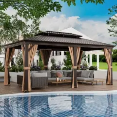 Tangkula 12' x 20' Double-Roof Hardtop Gazebo w/ Galvanized Steel Roof Netting Curtains