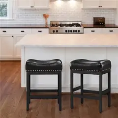 Yaheetech 26"H Bar Stools Faux Leather Counter Height Stools with Nailhead Trims Set of 2, Black