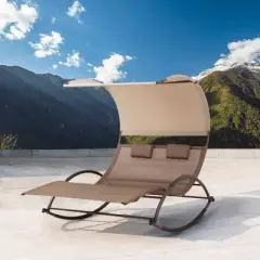 Outdoor Double Chaise Lounge Chair Rocking Bed with Sun Shade & Wheels - Brown - Crestlive Products: Patio Pool Furniture, UV-Resistant