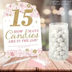 Big Dot of Happiness Mis Quince Anos - How Many Candies Quinceanera Sweet 15 Birthday Party Game - 1 Stand and 40 Cards - Candy Guessing Game