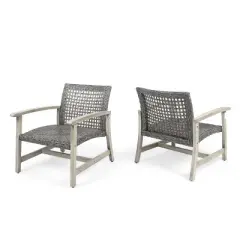 NicBex Set of 2 Antique-Style Wicker Club Chair, Weather-Resistant Outdoor Dining Chairs with Acacia Wood & Wicker, Gray
