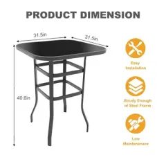 Garvee Outdoor Square Bar Table with Tempered Glass Top, Metal Frame Pub Height Bistro Table for Balcony, Patio, Poolside