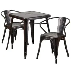 Emma and Oliver Commercial Grade 23.75" Square Metal Indoor-Outdoor Table Set with 2 Arm Chairs