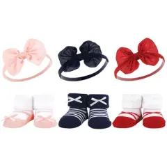 Hudson Baby Infant Girl 12Pc Headband and Socks Giftset, Red Navy Bows, One Size