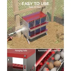 Red Metal Chicken Nesting Box, 6 Compartment Wall-Mountable Roll Away Design, Rustproof Waterproof Ventilated with Perch & Legs