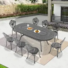 9-Piece Patio Set: Oval Table & 8 Chairs - Cast Aluminum, All-Weather/Umbrella Hole & Adjustable Legs for Balcony/Backyard