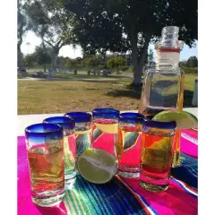 Dos Sue&ntilde;os Mexican Hand Blown  Tequila Shot Glasses - Blue Rim - 2oz - Set of 6