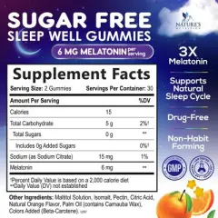 Melatonin Sleep Gummies Sugar Free, 6 mg Natural Melatonin Sleep Adults, Extra Strength Sleep Gummy Supplements - 60 Gummies By Nature's Nutrition